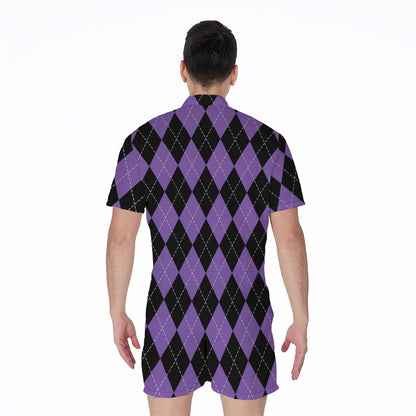 Black And Purple Argyle Pattern Print Men's Rompers