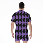 Black And Purple Argyle Pattern Print Men's Rompers