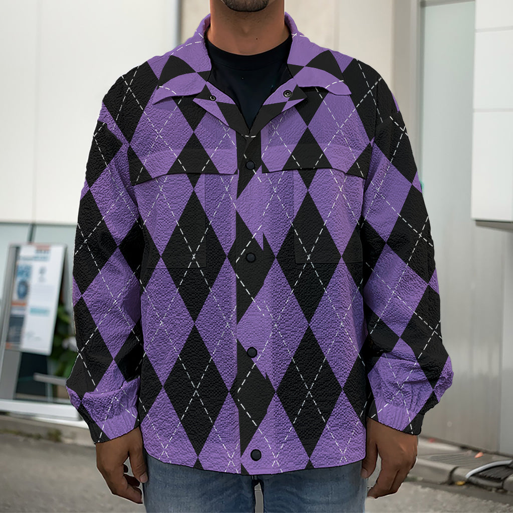 Black And Purple Argyle Pattern Print Men's Shirt Jacket