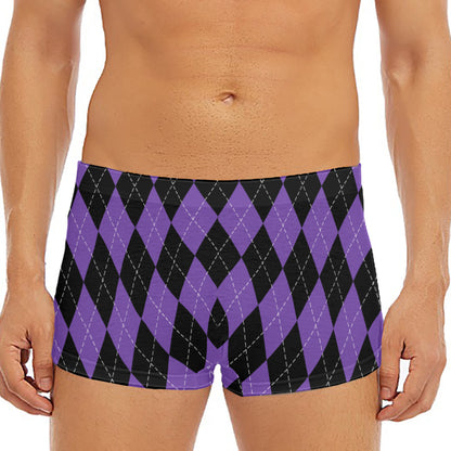 Black And Purple Argyle Pattern Print Men's Short Boxer Briefs