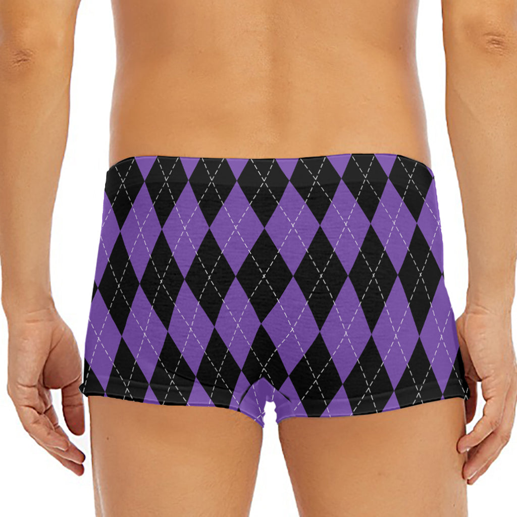 Black And Purple Argyle Pattern Print Men's Short Boxer Briefs