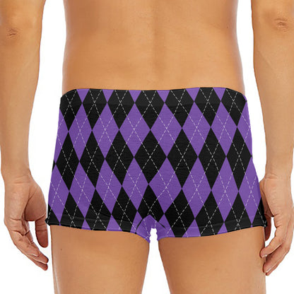 Black And Purple Argyle Pattern Print Men's Short Boxer Briefs