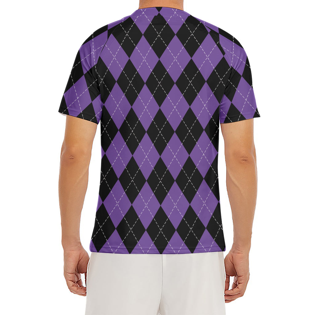 Black And Purple Argyle Pattern Print Men's Short Sleeve Rash Guard