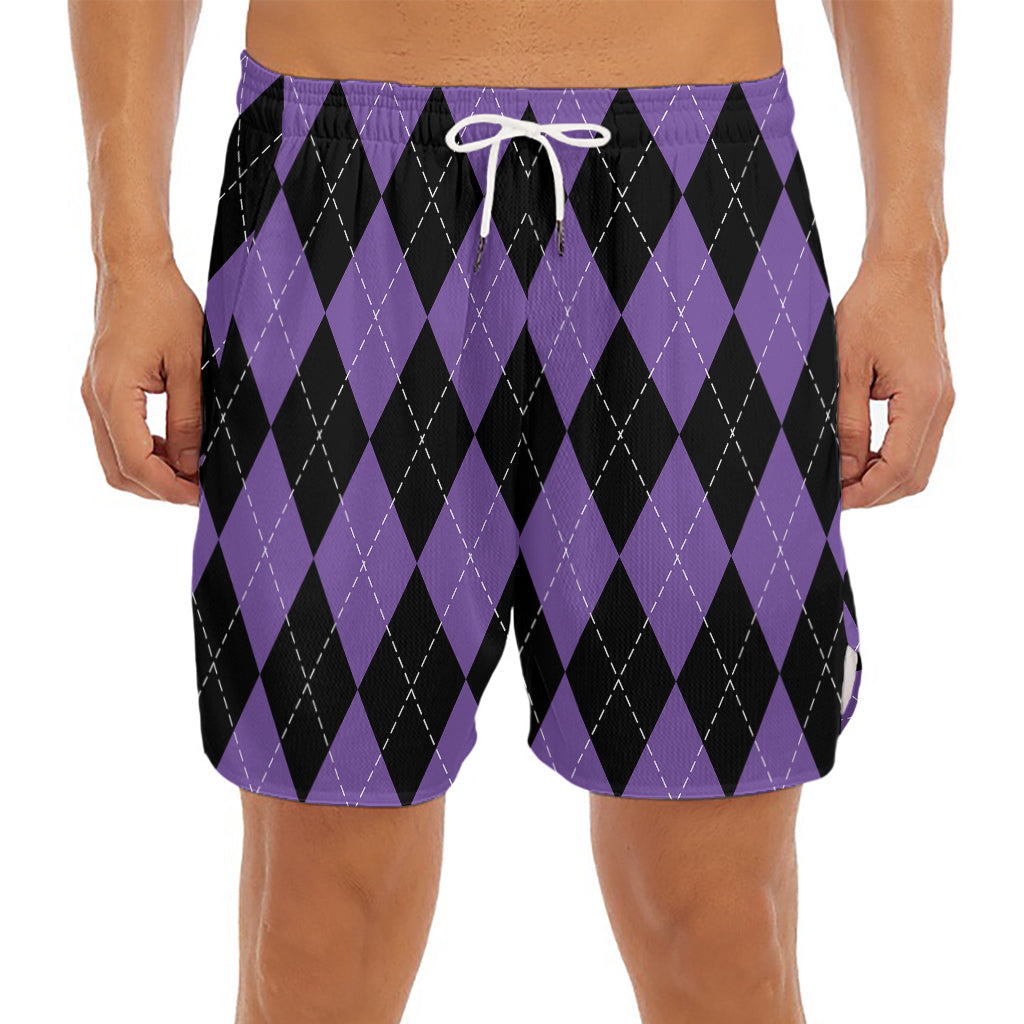 Black And Purple Argyle Pattern Print Men's Split Running Shorts