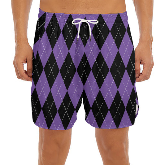 Black And Purple Argyle Pattern Print Men's Split Running Shorts
