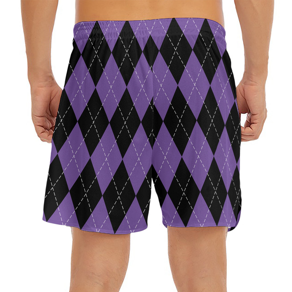 Black And Purple Argyle Pattern Print Men's Split Running Shorts