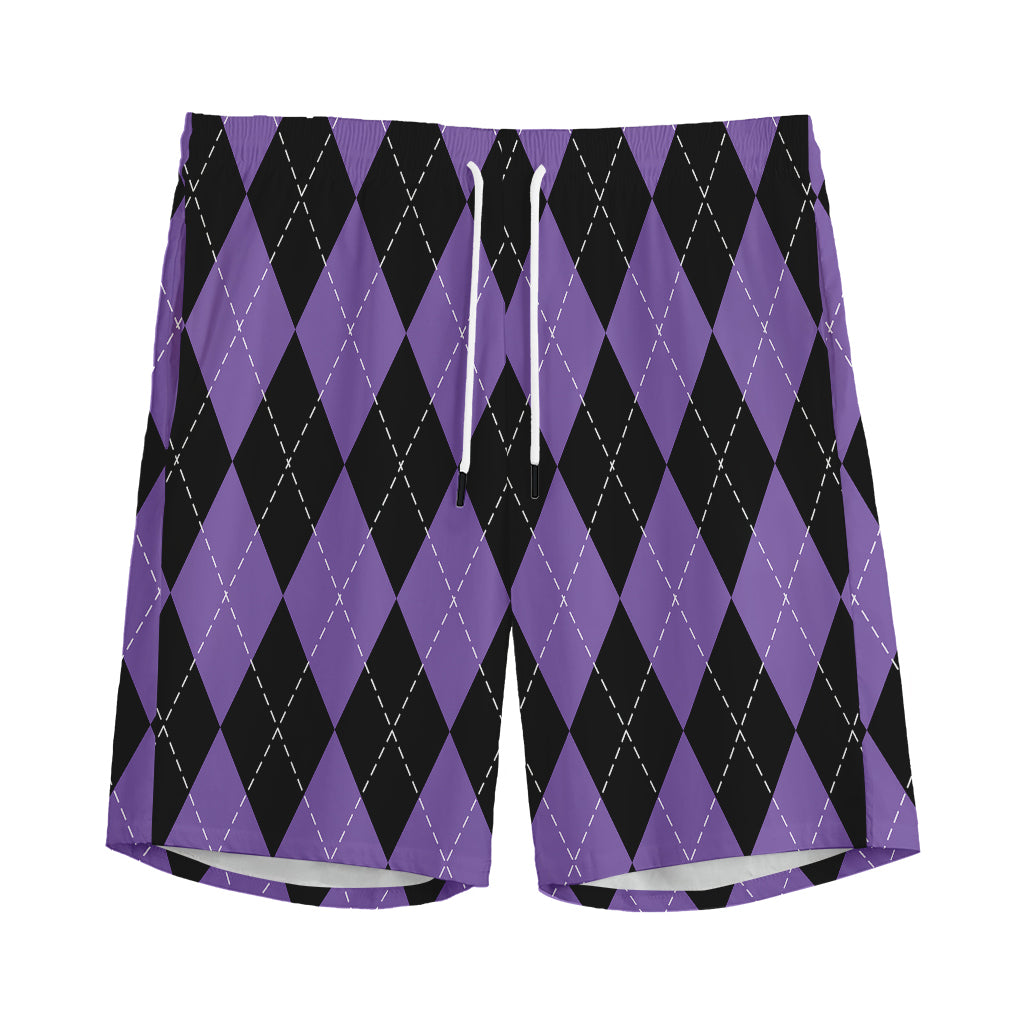 Black And Purple Argyle Pattern Print Men's Sports Shorts
