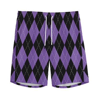 Black And Purple Argyle Pattern Print Men's Sports Shorts