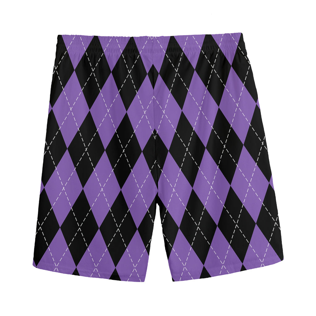 Black And Purple Argyle Pattern Print Men's Sports Shorts