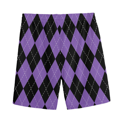 Black And Purple Argyle Pattern Print Men's Sports Shorts
