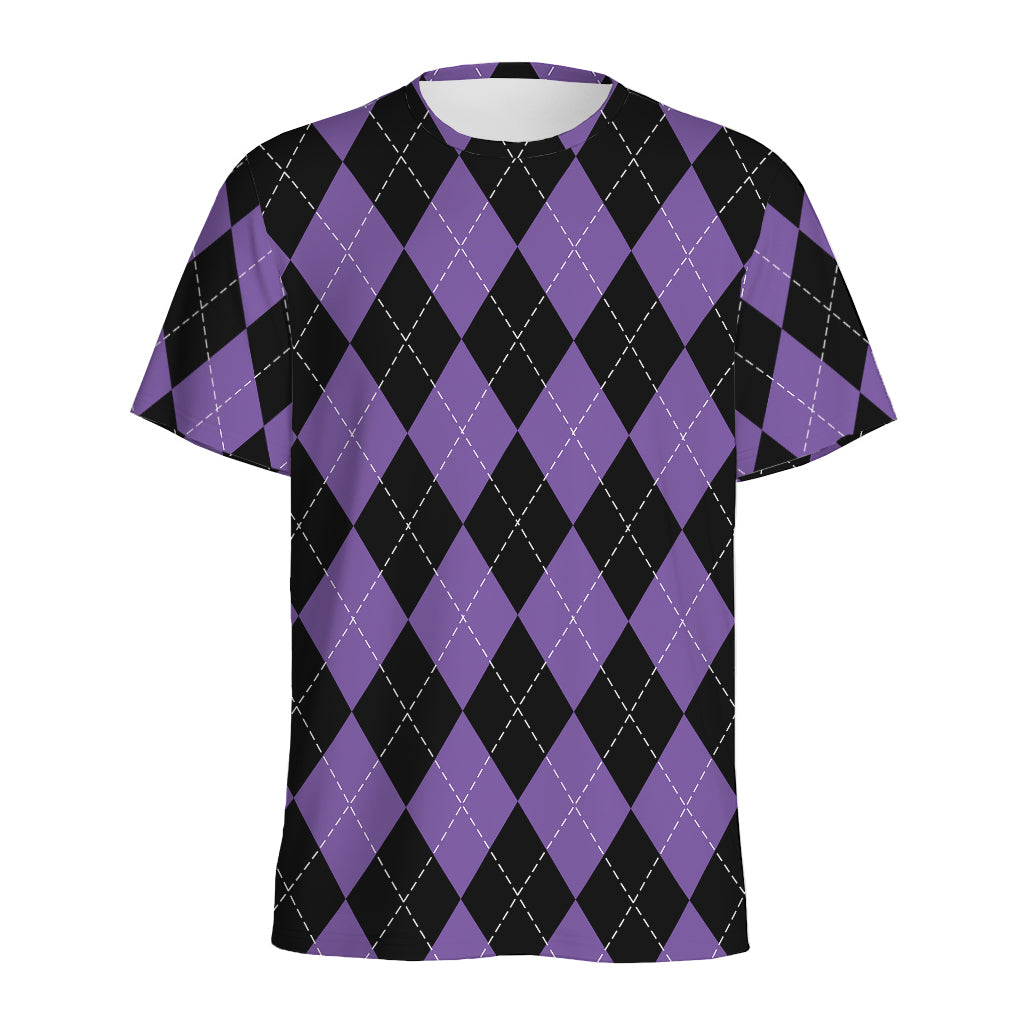 Black And Purple Argyle Pattern Print Men's Sports T-Shirt
