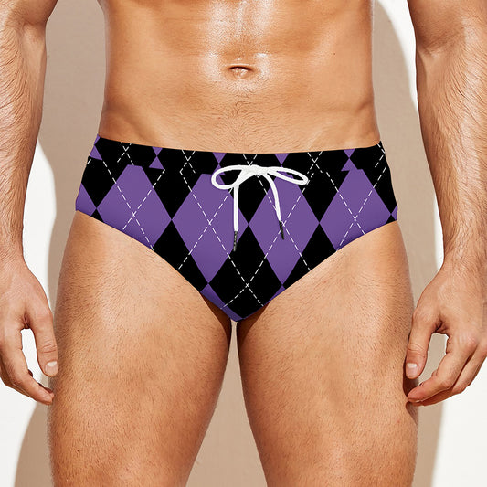 Black And Purple Argyle Pattern Print Men's Swim Briefs