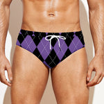 Black And Purple Argyle Pattern Print Men's Swim Briefs