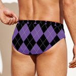 Black And Purple Argyle Pattern Print Men's Swim Briefs