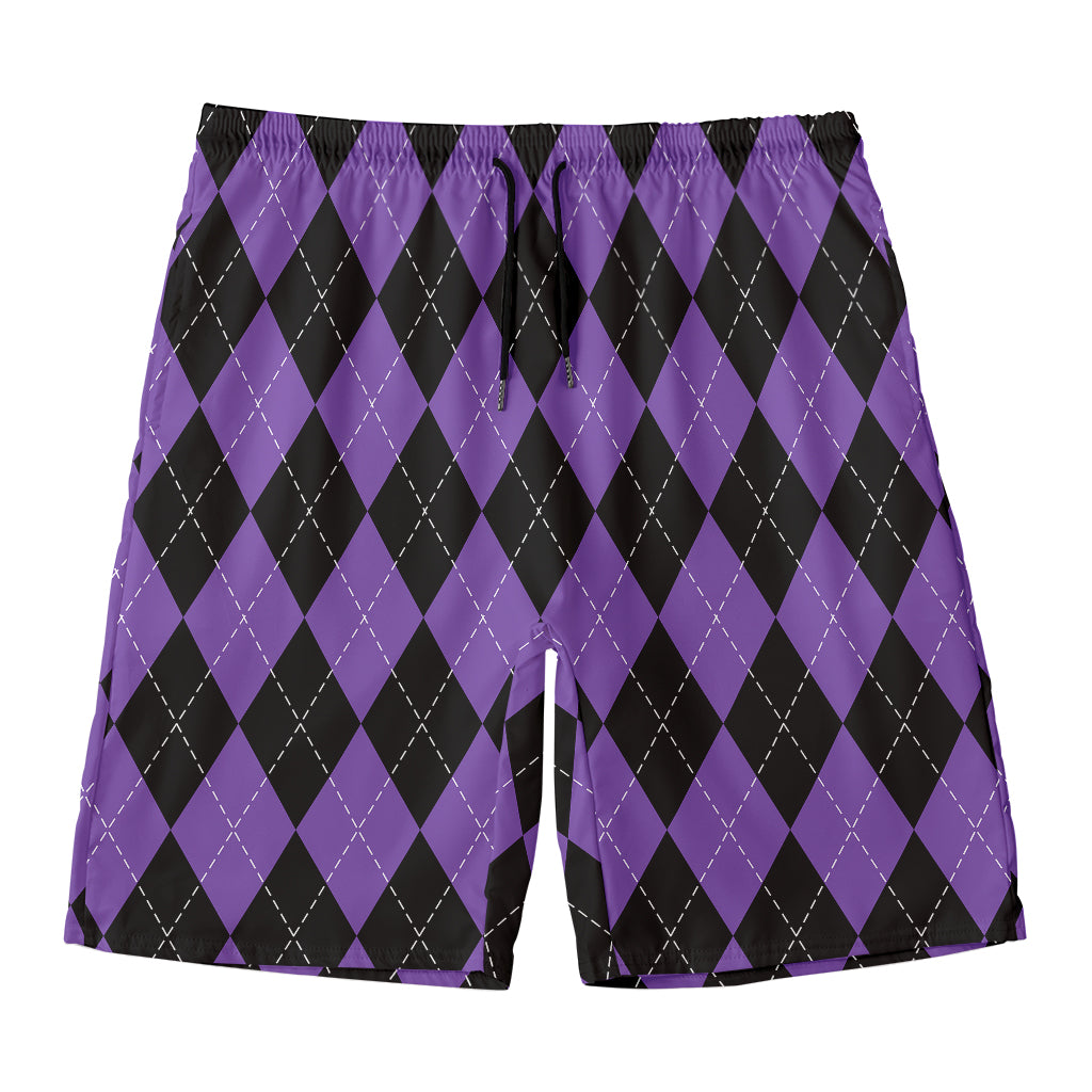 Black And Purple Argyle Pattern Print Men's Swim Trunks