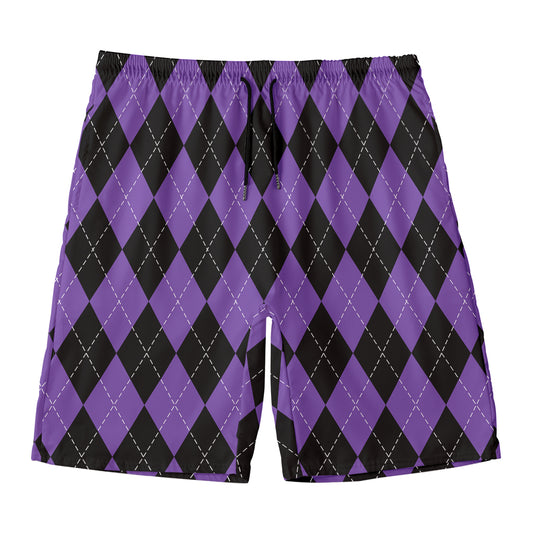Black And Purple Argyle Pattern Print Men's Swim Trunks