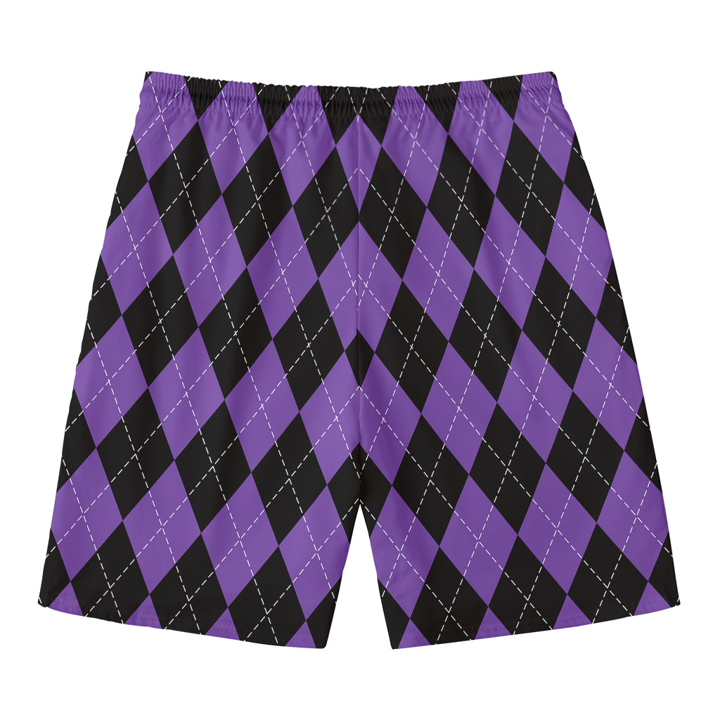 Black And Purple Argyle Pattern Print Men's Swim Trunks