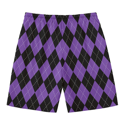 Black And Purple Argyle Pattern Print Men's Swim Trunks