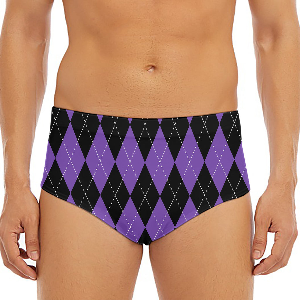 Black And Purple Argyle Pattern Print Men's Triangle Swim Briefs