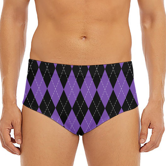 Black And Purple Argyle Pattern Print Men's Triangle Swim Briefs