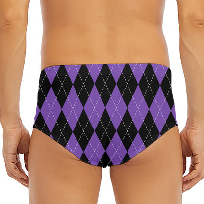 Black And Purple Argyle Pattern Print Men's Triangle Swim Briefs