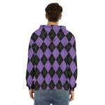 Black And Purple Argyle Pattern Print Men's Velvet Pullover Hoodie