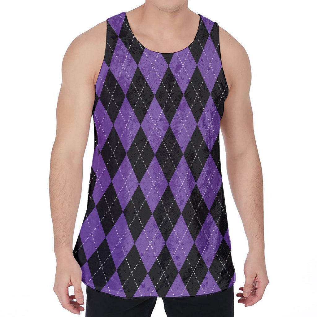 Black And Purple Argyle Pattern Print Men's Velvet Tank Top