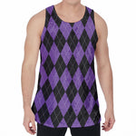 Black And Purple Argyle Pattern Print Men's Velvet Tank Top