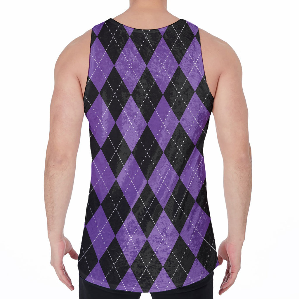 Black And Purple Argyle Pattern Print Men's Velvet Tank Top