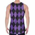 Black And Purple Argyle Pattern Print Men's Velvet Tank Top