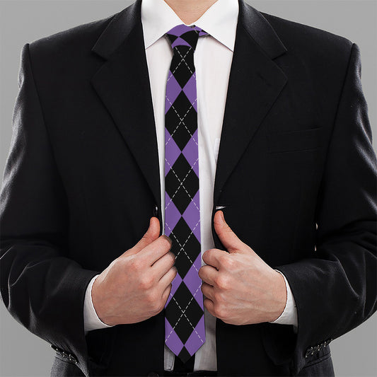 Black And Purple Argyle Pattern Print Necktie