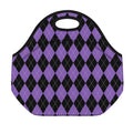 Black And Purple Argyle Pattern Print Neoprene Lunch Bag