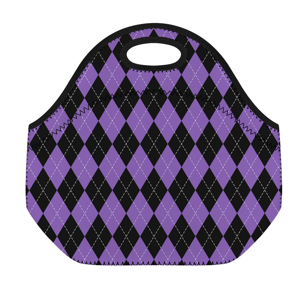 Black And Purple Argyle Pattern Print Neoprene Lunch Bag