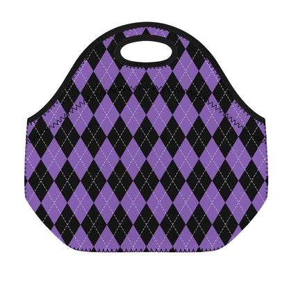 Black And Purple Argyle Pattern Print Neoprene Lunch Bag