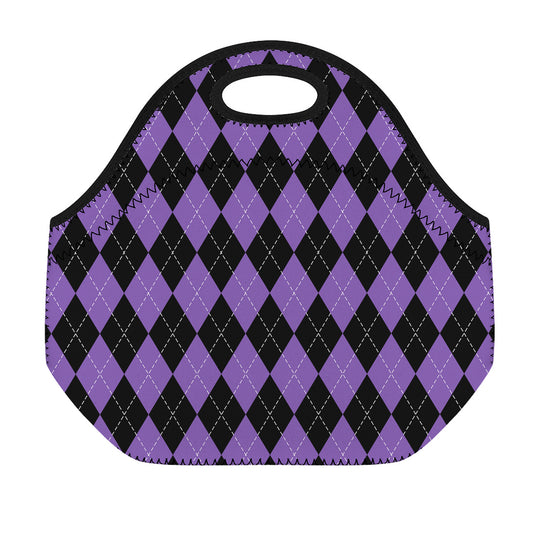 Black And Purple Argyle Pattern Print Neoprene Lunch Bag