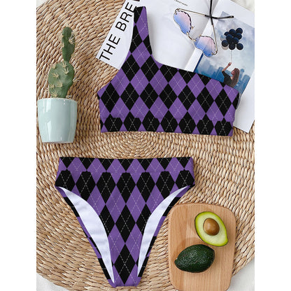 Black And Purple Argyle Pattern Print One Shoulder Bikini Top