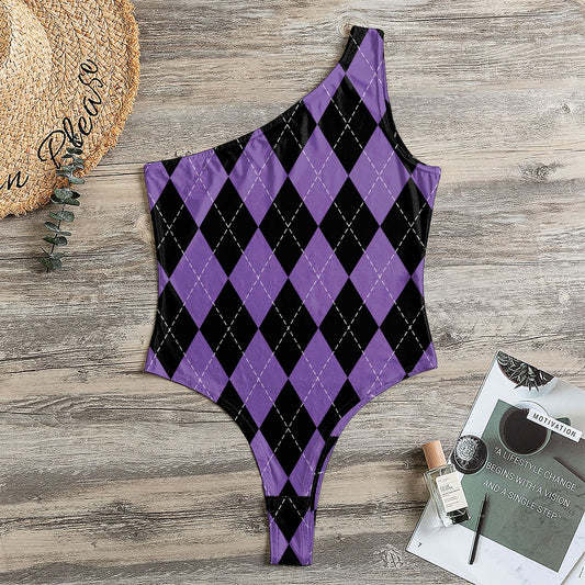 Black And Purple Argyle Pattern Print One Shoulder Bodysuit