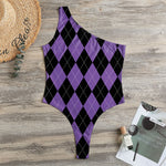 Black And Purple Argyle Pattern Print One Shoulder Bodysuit