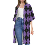 Black And Purple Argyle Pattern Print Open Front Beach Cover Up