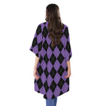 Black And Purple Argyle Pattern Print Open Front Beach Cover Up