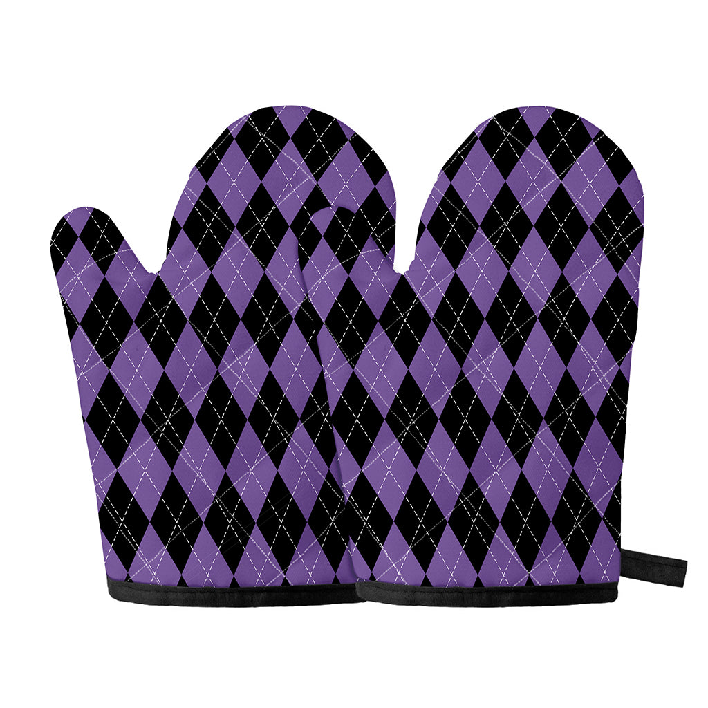 Black And Purple Argyle Pattern Print Oven Mitts