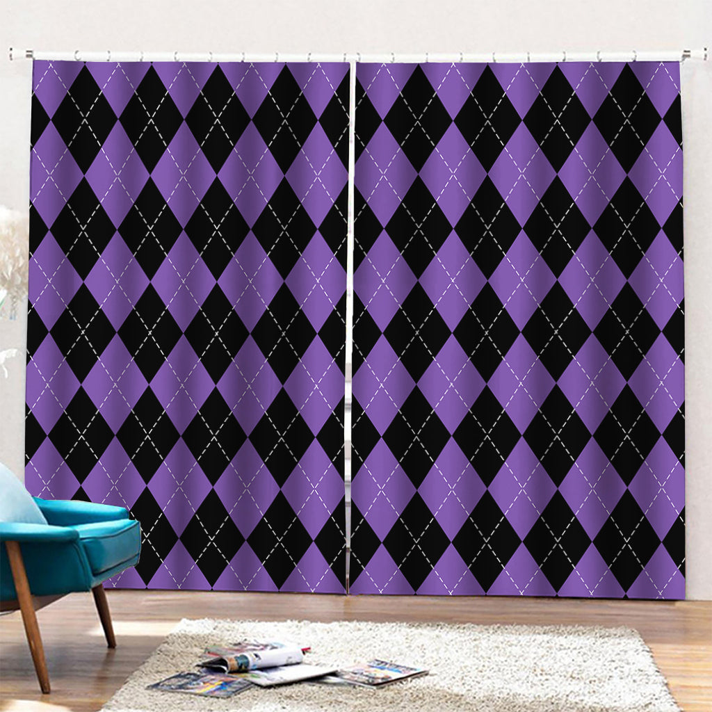 Black And Purple Argyle Pattern Print Pencil Pleat Curtains