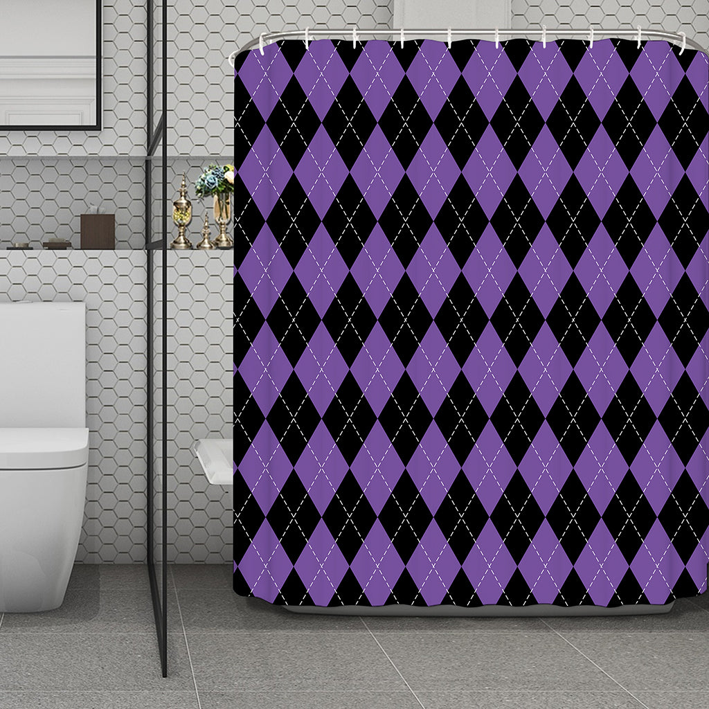 Black And Purple Argyle Pattern Print Polyester Shower Curtain