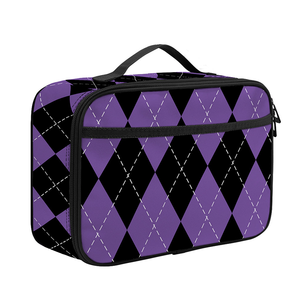 Black And Purple Argyle Pattern Print Portable Lunch Bag