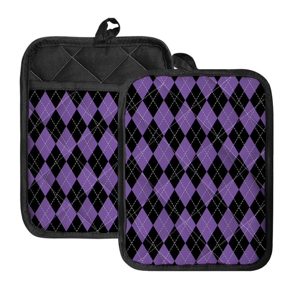 Black And Purple Argyle Pattern Print Pot Holders With Pocket