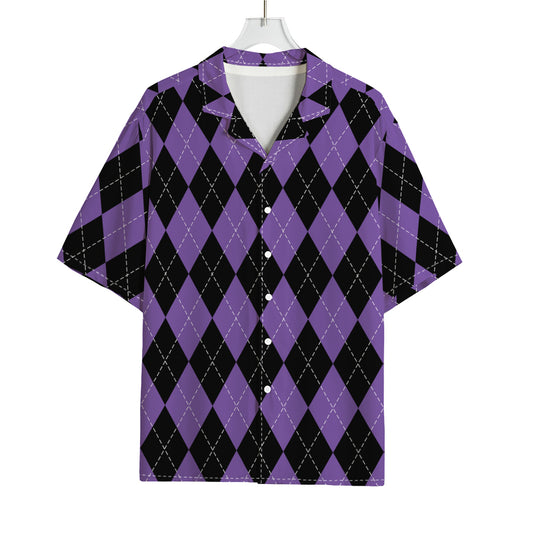 Black And Purple Argyle Pattern Print Rayon Hawaiian Shirt