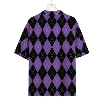 Black And Purple Argyle Pattern Print Rayon Hawaiian Shirt