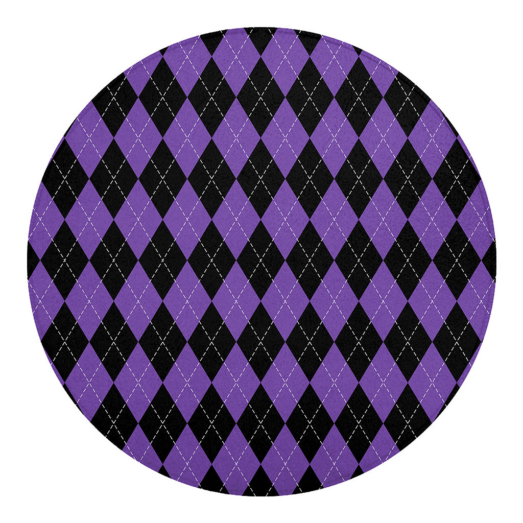 Black And Purple Argyle Pattern Print Round Blanket