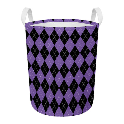 Black And Purple Argyle Pattern Print Round Laundry Basket
