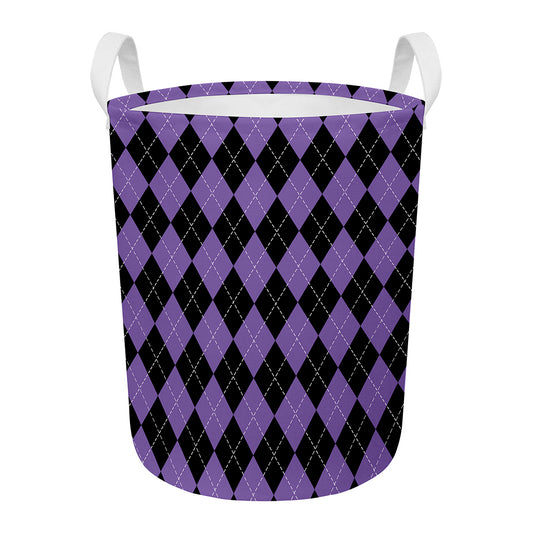 Black And Purple Argyle Pattern Print Round Laundry Basket